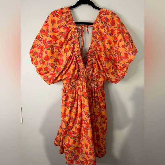 Louna Coral Flora Puff Sleeve V-Neck Mini Dress - Picture 8 of 9